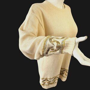 90s Diani Sport Ivory Embellished Tunic Sweater Crew Neck Silk Wool Blnd Women M
